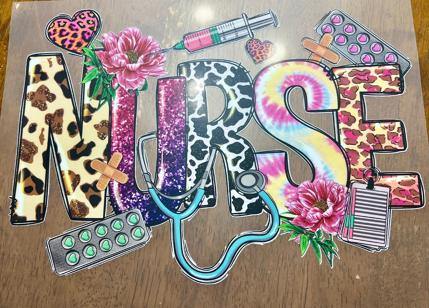 READY TO PRESS Nurse Stethoscope Leopard Cow  Print Transfer | Screen Print Transfer | Full Color Matte Clear Transfer
