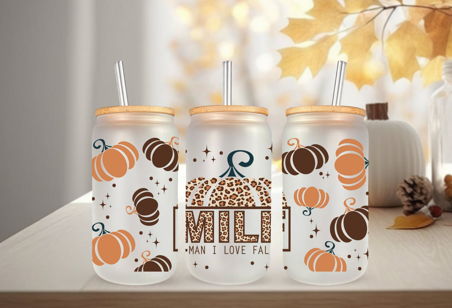 UVDTF Wrap Man I love Fall 16 oz Can Glass, Mug, or Tumbler, Fall Leopard Pumpkin Wrap, Ready to Apply, Permanent Adhesive