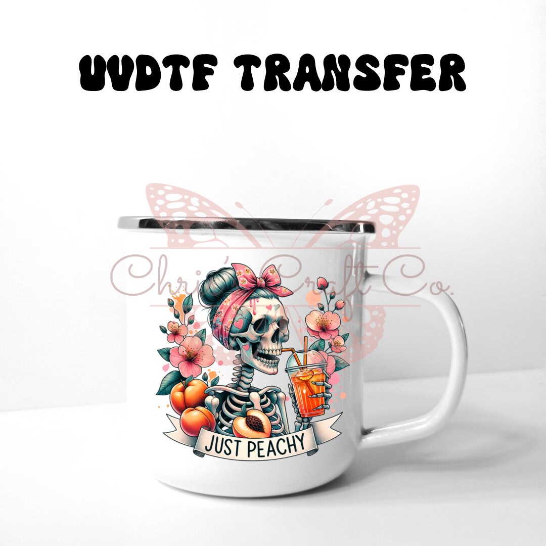UVDTF Decal Retro Skeleton Just Peachy 16oz Can Glass Mug Tumbler or Mug, Ready to Apply, Permanent Waterproof Adhesive, add on a cup