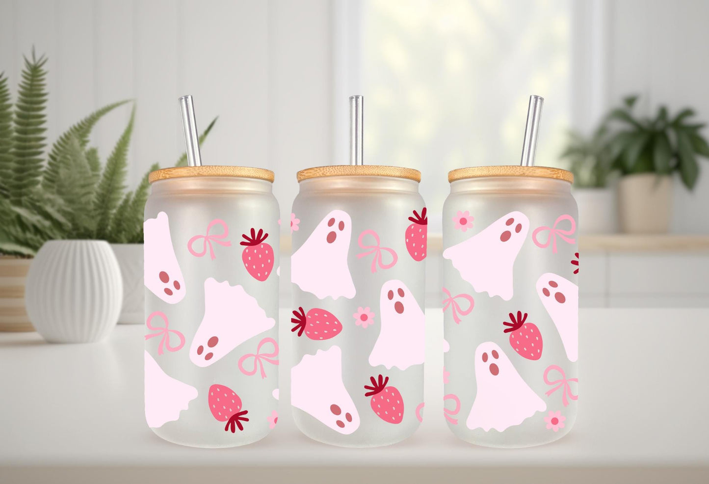 UVDTF Wrap Strawberry Boo Bow 16oz Can Glass Wrap Mug Tumbler, Nail Polish Wrap, Ready to Apply, Permanent Waterproof Adhesive