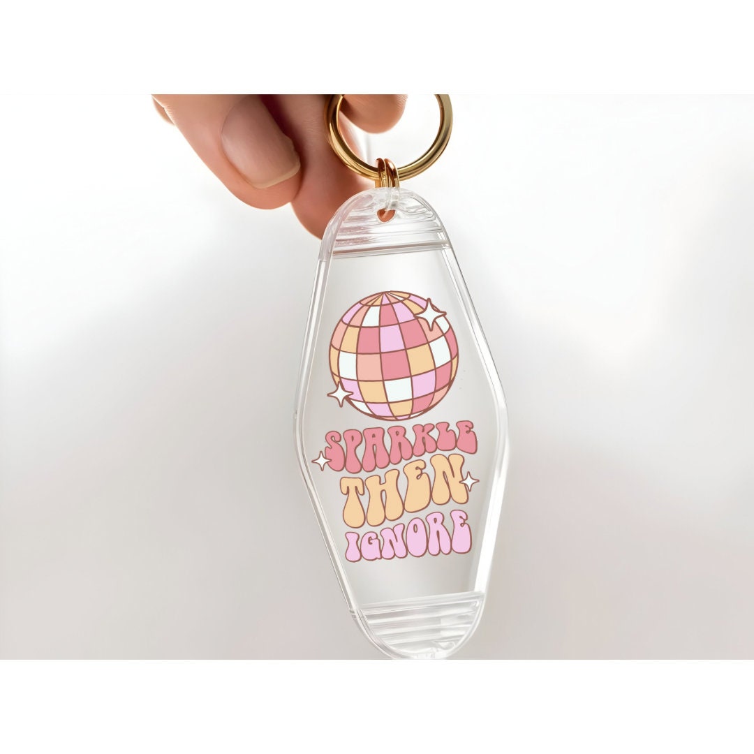 UVDTF Keychain Retro Sparkle Then Ignore  Decal, Motel Keychain Ready to Apply, UVDTF Motel Keychain Decal,  1 Only/Set of 5 Keychain Decals