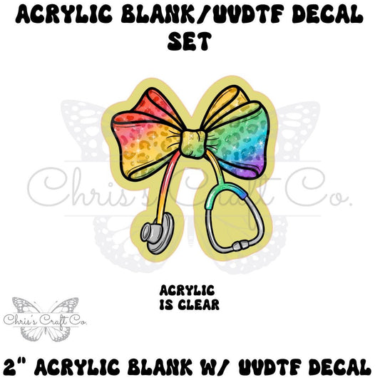 Acrylic Blank Rainbow Leopard Bow & Stethoscope UVDTF Decal Set, DIY Badge Reels, More Bow Blank UVDTF sticker, Unfinished Badge Reel
