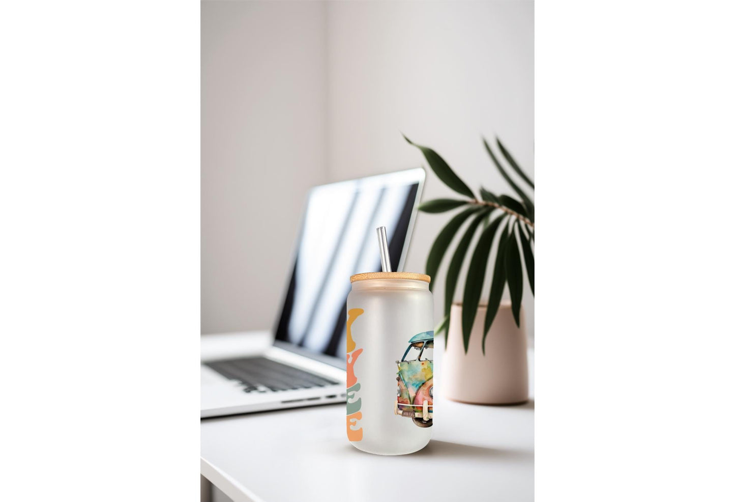 UVDTF Wrap Retro Stay Trippie Little Hippie Van 16oz Can Glass Mug Tumbler, Ready to apply, Permanent Waterproof Adhesive