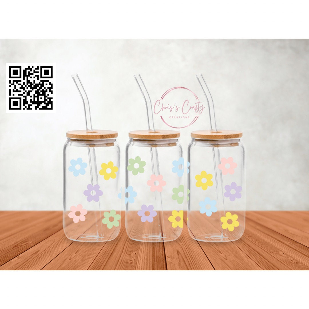 UVDTF Wrap Retro Flowers 16oz Can Glass Mug Tumbler, Floral Wrap, Ready to apply, Permanent Waterproof Adhesive