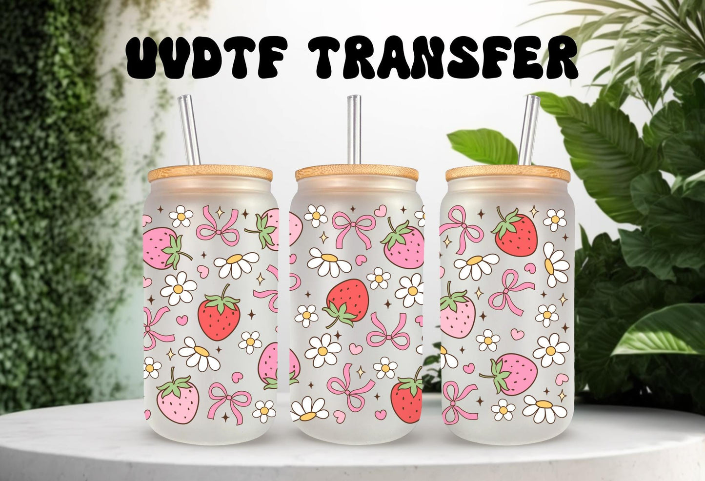 UVDTF Wrap Strawberry Daisy Bow 16oz Can Glass Mug Tumbler, Ready to apply, Permanent Waterproof Adhesive