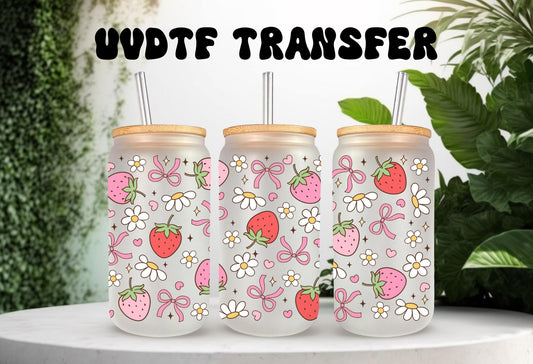 UVDTF Wrap Strawberry Daisy Bow 16oz Can Glass Mug Tumbler, Ready to apply, Permanent Waterproof Adhesive