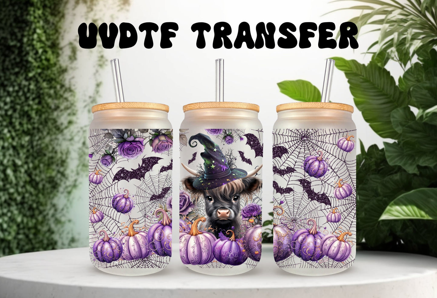 UVDTF Wrap Witch Highland Cow Purple pumpkins 16oz Can Glass, Mug,  40oz Tumbler, Double Sided Print Option, Ready to apply