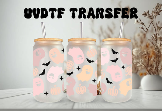 UVDTF Wrap Pastel Ghost Halloween 16 oz Can Glass, Mug, 40 oz  Wrap, Ghost Wrap, Ready to apply, Permanent Waterproof Adhesive