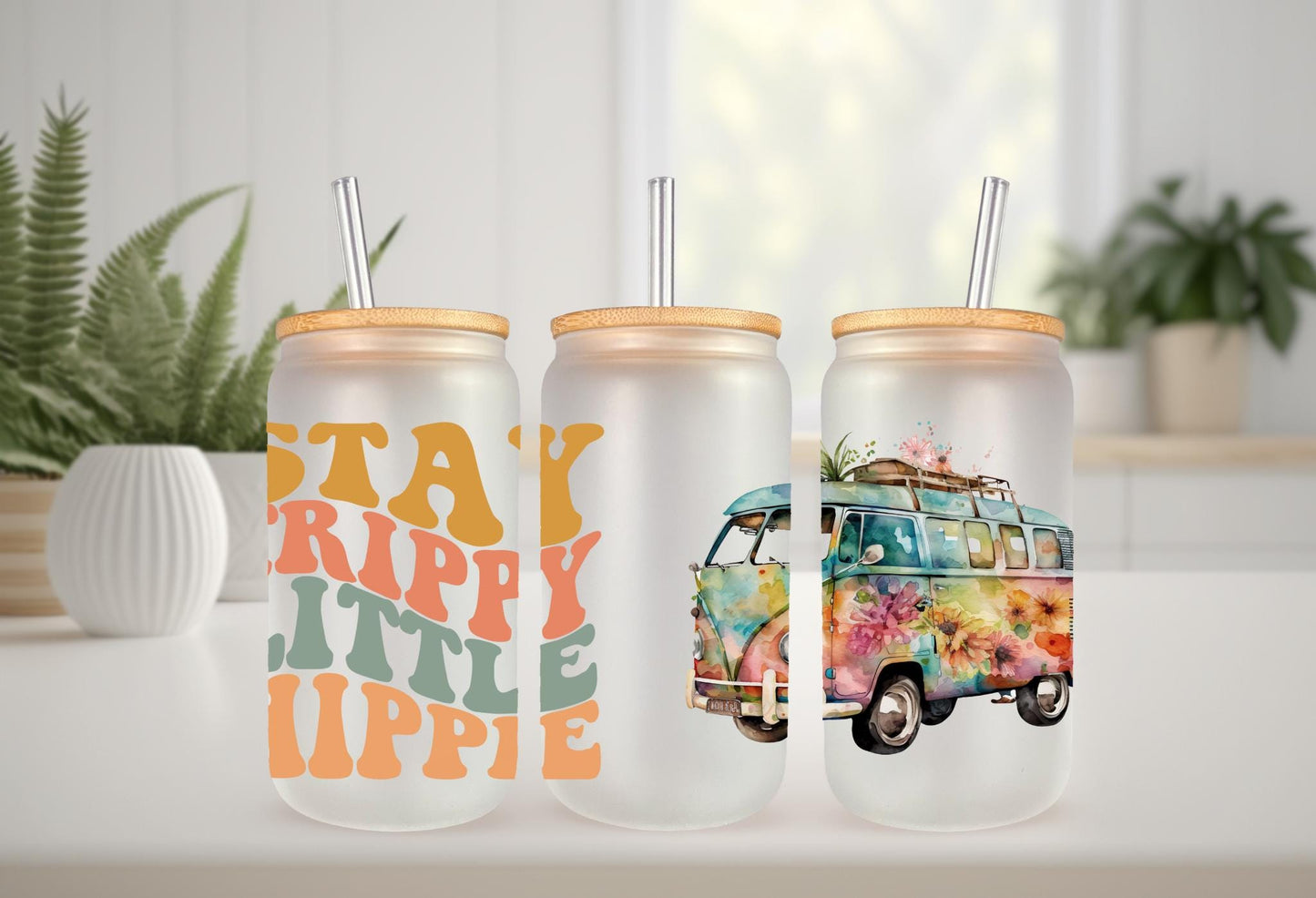 UVDTF Wrap Retro Stay Trippie Little Hippie Van 16oz Can Glass Mug Tumbler, Ready to apply, Permanent Waterproof Adhesive