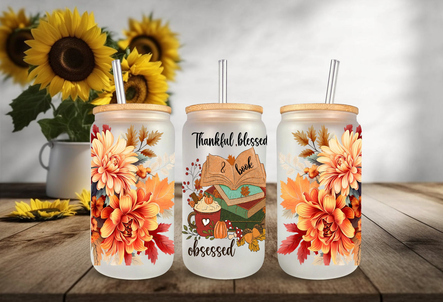 UVDTF Wrap Books Thankful Blessed Obsessed Floral 16oz Can Glass, Mug Tumbler, Ready to Apply, Permanent Waterproof Adhesive