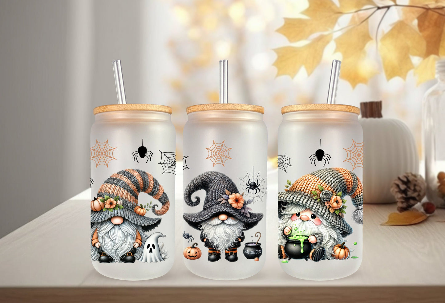 UVDTF Wrap Halloween Gnomes Spider 16 oz Can Glass Mug Tumbler, Gnome Wrap, Ready to apply, Permanent Adhesive, Double sided option