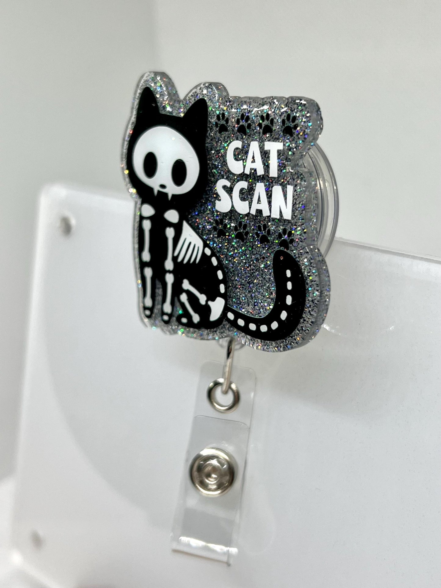 Funny CAT SCAN Badge Reel – Black Cat Skeleton Design with Glittery Paw Print Background, ID Holder for Professionals
