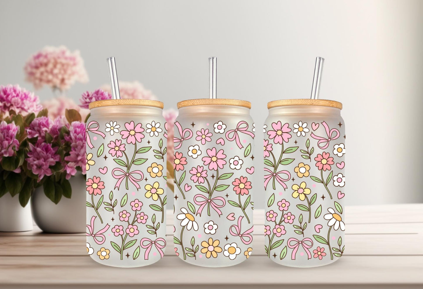 UVDTF Wrap Spring Daisy Bow 16oz Can Glass Mug Tumbler, Spring Flower Wrap, Ready to apply, Permanent Waterproof Adhesive