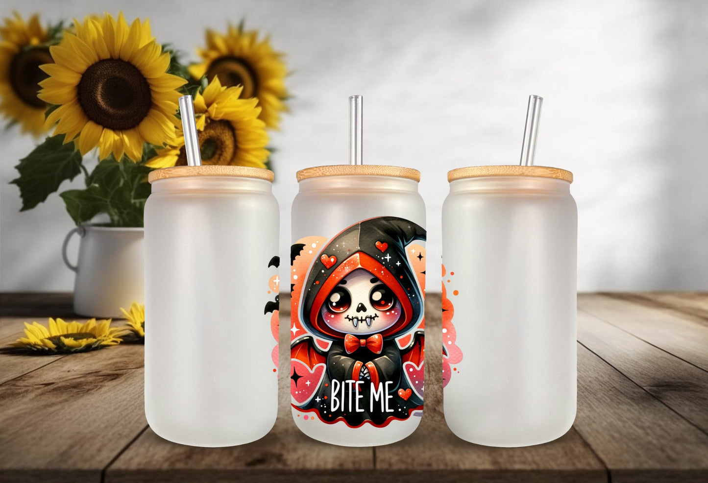 UVDTF Decal Skeleton Reaper Bite Me 16oz Can Glass, Tumbler or Mug, Nurse Decal, Ready to Apply, Permanent Waterproof Adhesive