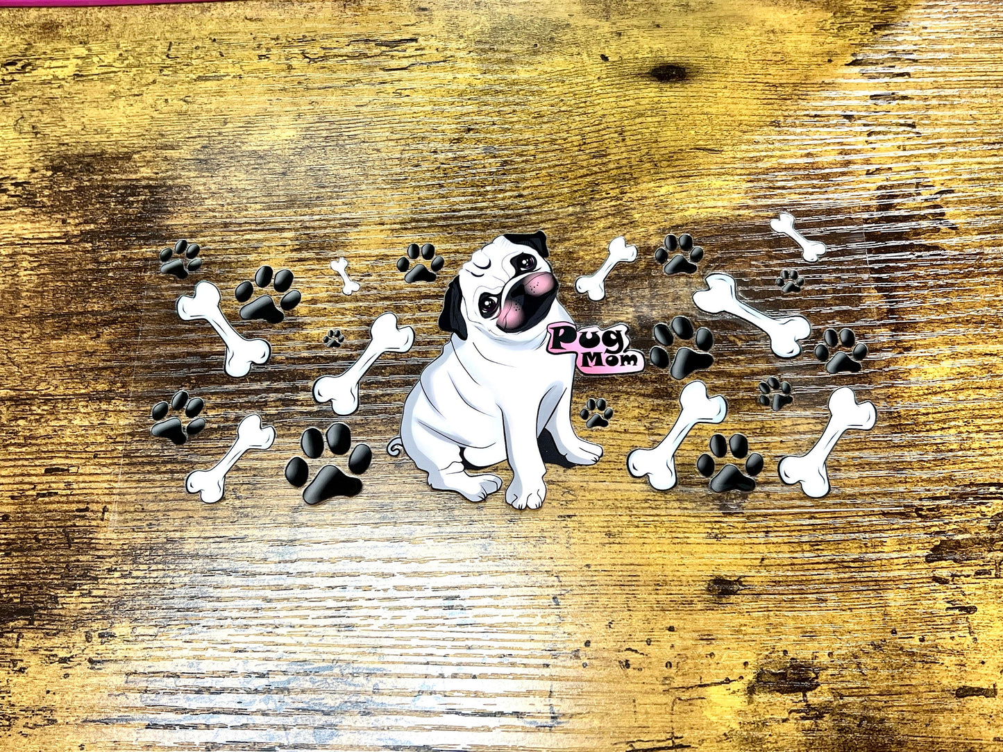 UVDTF Wrap Pug Mom 16oz Can Glass Mug Tumbler, Dog Mom Wrap, Ready to apply, Permanent Waterproof Adhesive