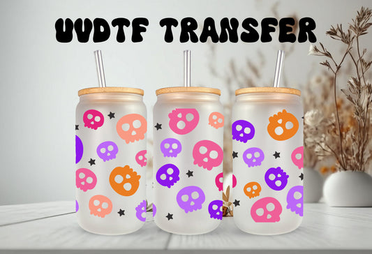 UVDTF Wrap Colorful Skull  for 16oz Can Glass, Mug, or Tumbler, Halloween Candy, Ready to apply, Permanent Adhesive Waterproof