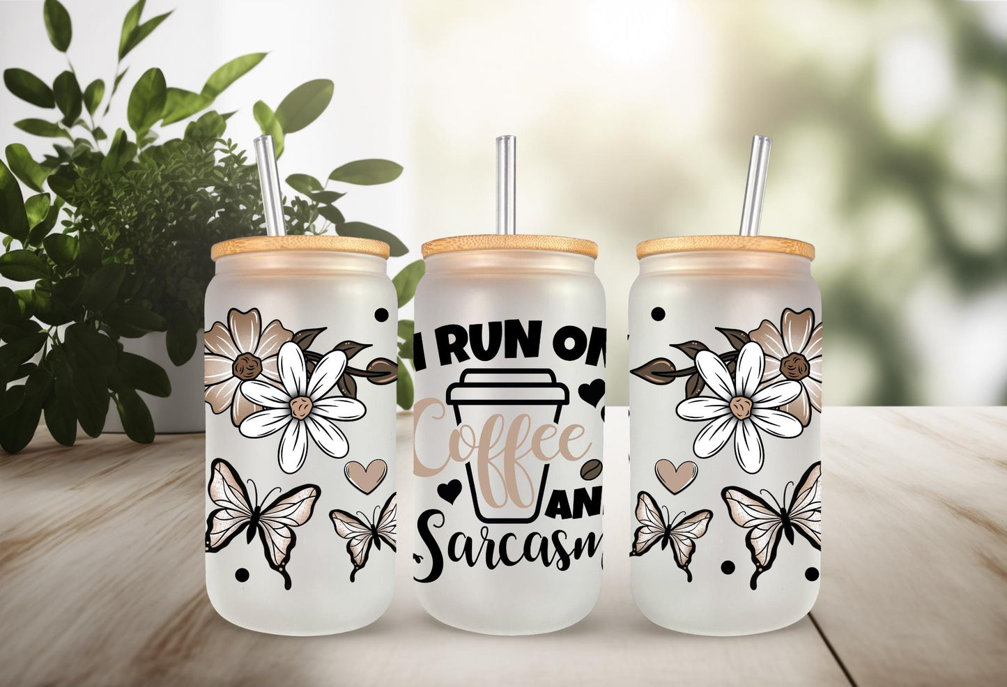 UVDTF Wrap Sarcastic Funny Saying 16oz Can Glass Mug Tumbler, Run on Coffee and Sarcasm Wrap, Ready to Apply, Permanent Waterproof Adhesive