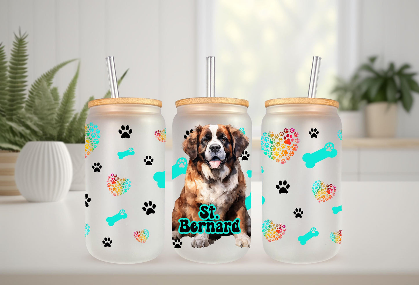 UVDTF Wrap St. Bernard 16oz Can Glass Mug Tumbler, Colorful Dog Wrap, Ready to apply, Permanent Waterproof Adhesive, Bundle Save Option