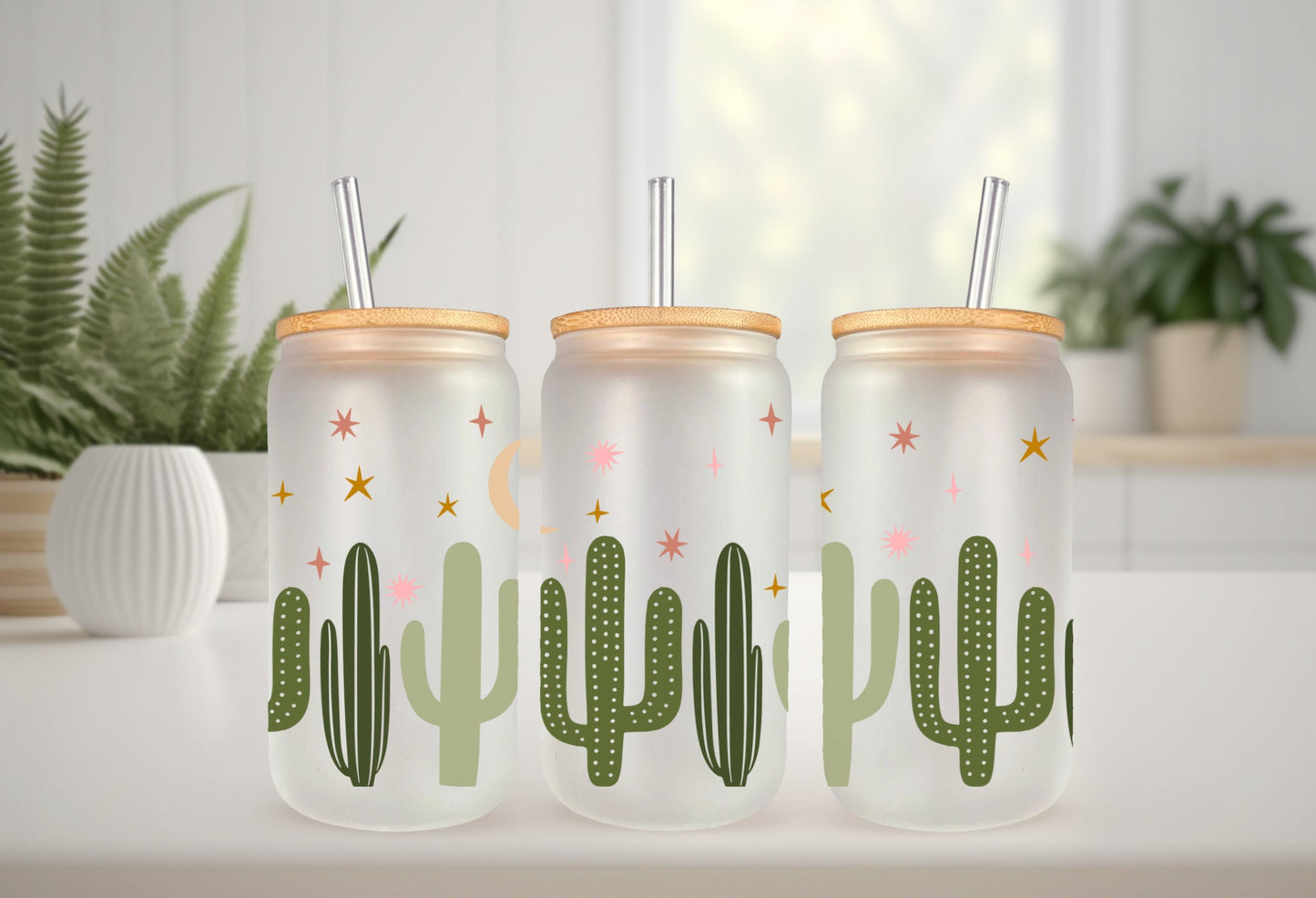 UVDTF Wrap Boho Dusk Cacti Cactus 16oz Can Glass, Mug, Tmbler, Cactus Wrap, Ready to apply, Permanent Adhesive Waterproof, Add on a Cup