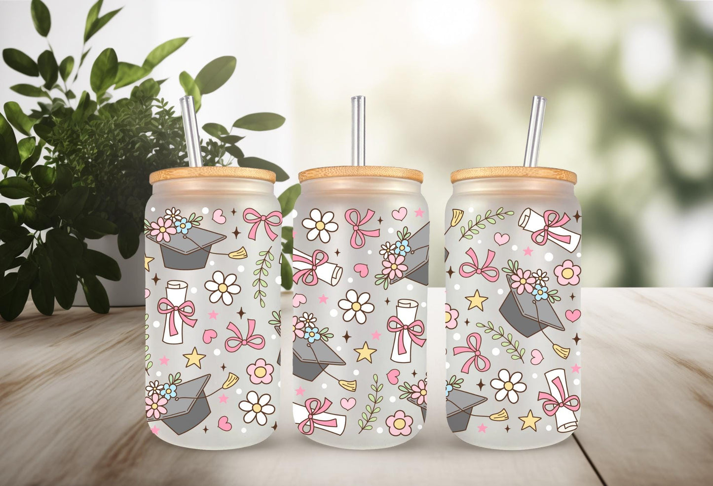 UVDTF Wrap Floral Graduation Caps 16oz Can Glass Mug Tumbler, Graduation Wrap, Ready to apply, Permanent Waterproof Adhesive
