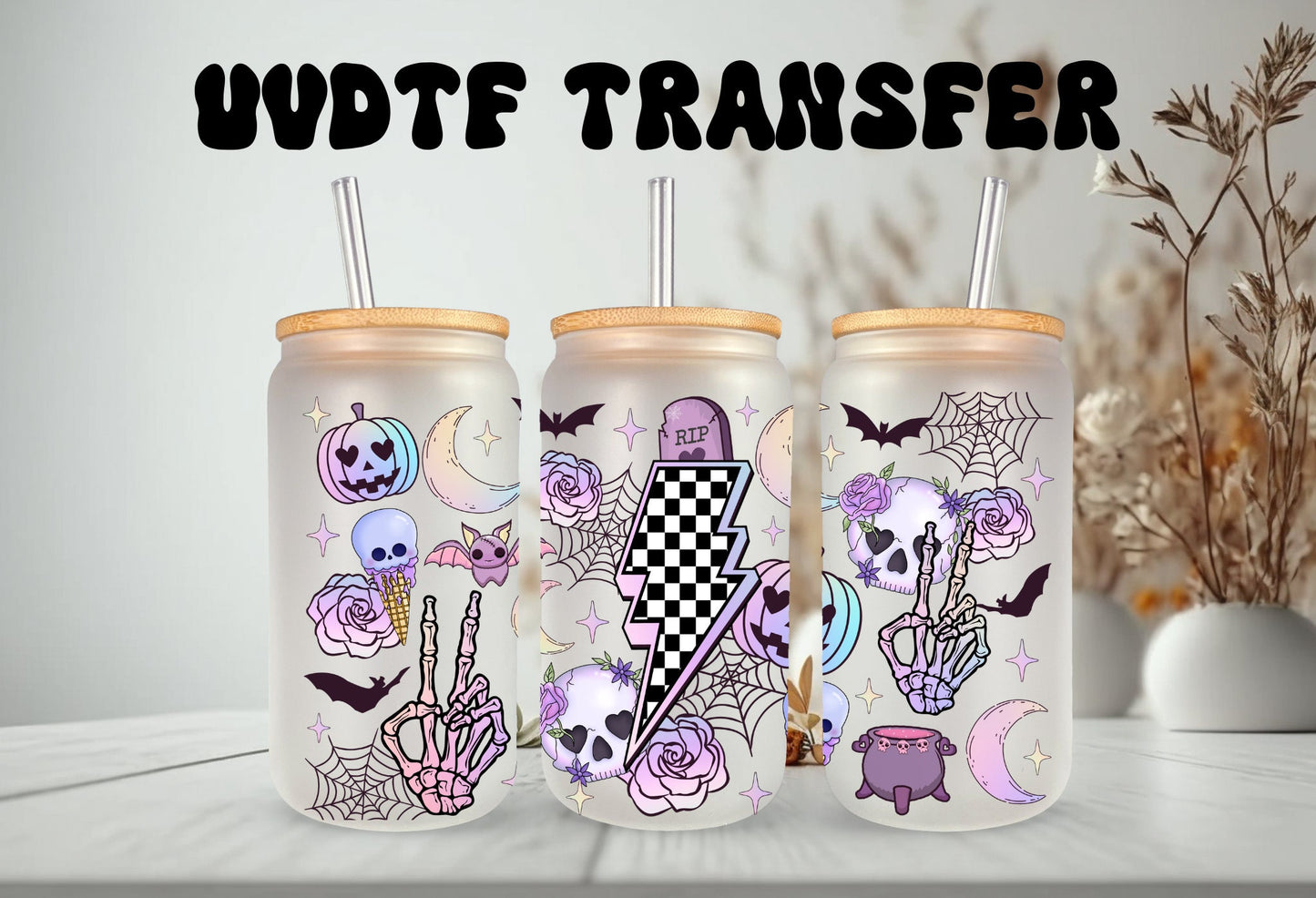 UVDTF Wrap Halloween Retro Pastel 16 oz Can Glass Mug Tumbler, Ready to Apply, Permanent Waterproof Adhesive