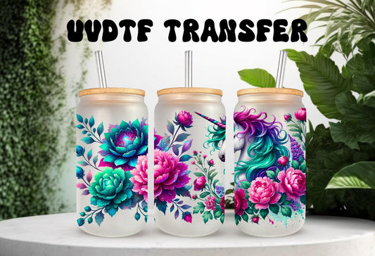 UVDTF Wrap Floral Unicorn 16oz Can Glass Mug Tumbler Wrap, Unicorn Wrap, Ready to apply, Permanent Waterproof Adhesive