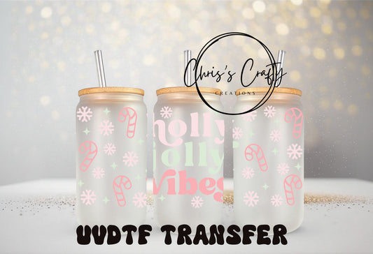 UVDTF Wrap for Holly Jolly Vibes Christmas Pastel 16oz Can Glass Mug Tumbler, Ready to Apply, Permanent Waterproof Adhesive