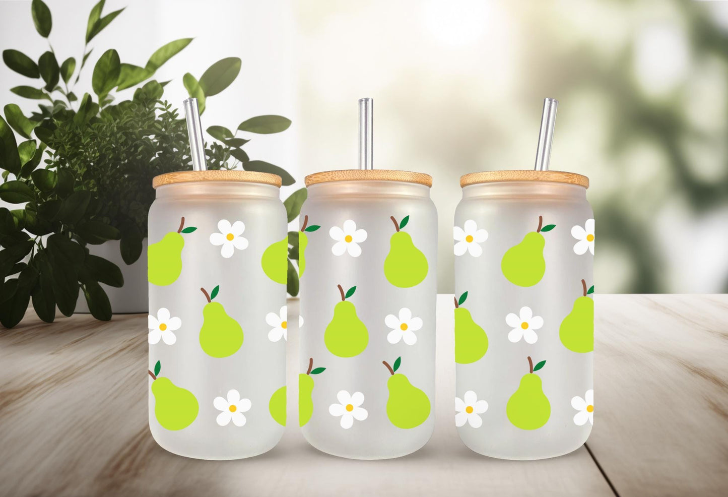UV DTF Wrap Pears & Daisy for 16oz Can Glass Mug Tumbler, Ready to Apply, Permanent Waterproof Adhesive