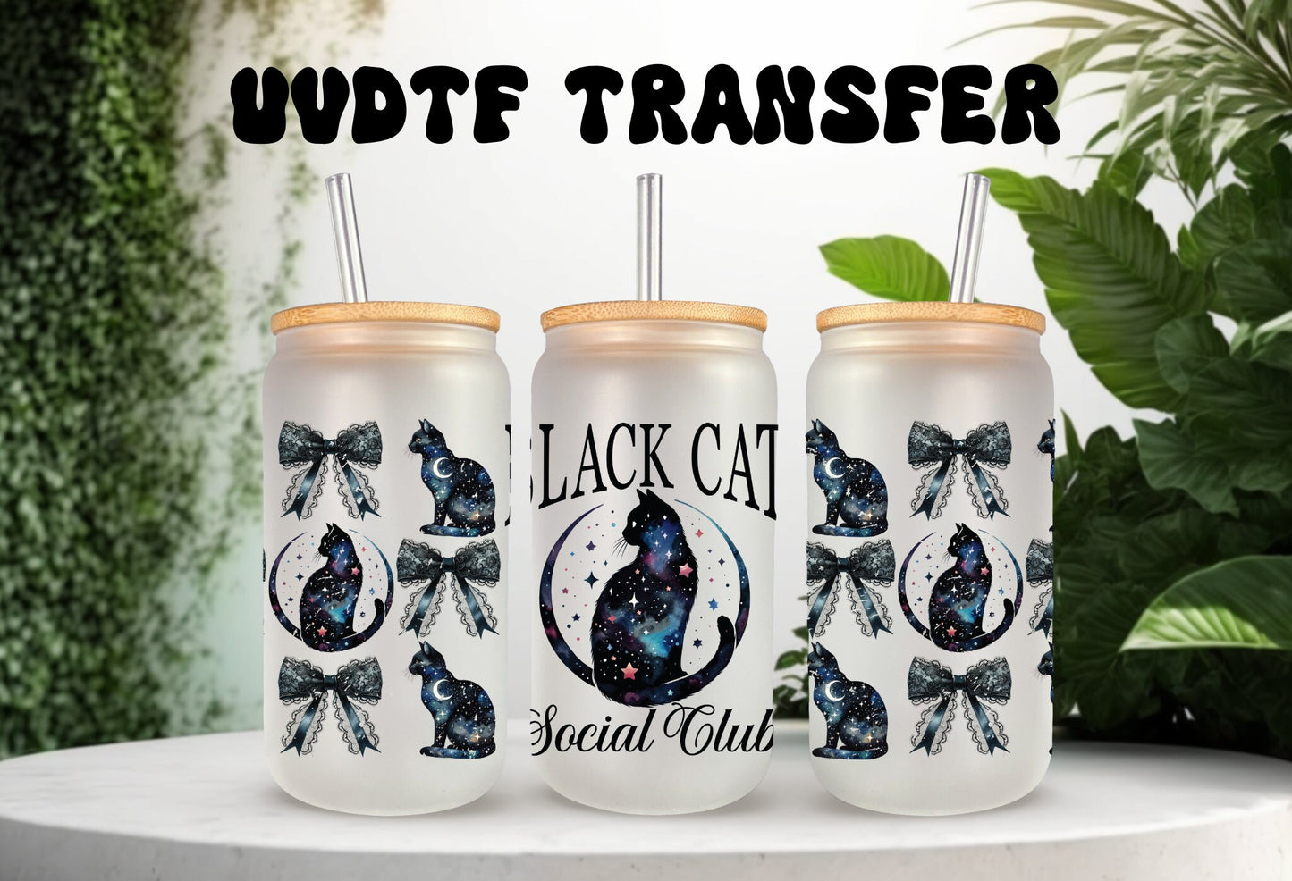 UVDTF Wrap Black Cat Social Club Coquettes Bows 16oz Can Glass Mug Tumbler, Ready to apply, Permanent Waterproof Adhesive