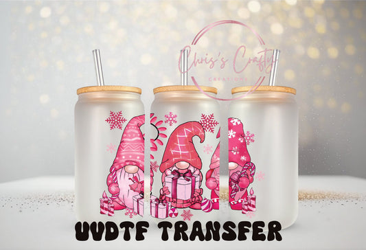 UVDTF Wrap Pink Christmas Gnomes 16oz Can Glass Mug Tumbler, Ready to Apply, Permanent Waterproof Adhesive