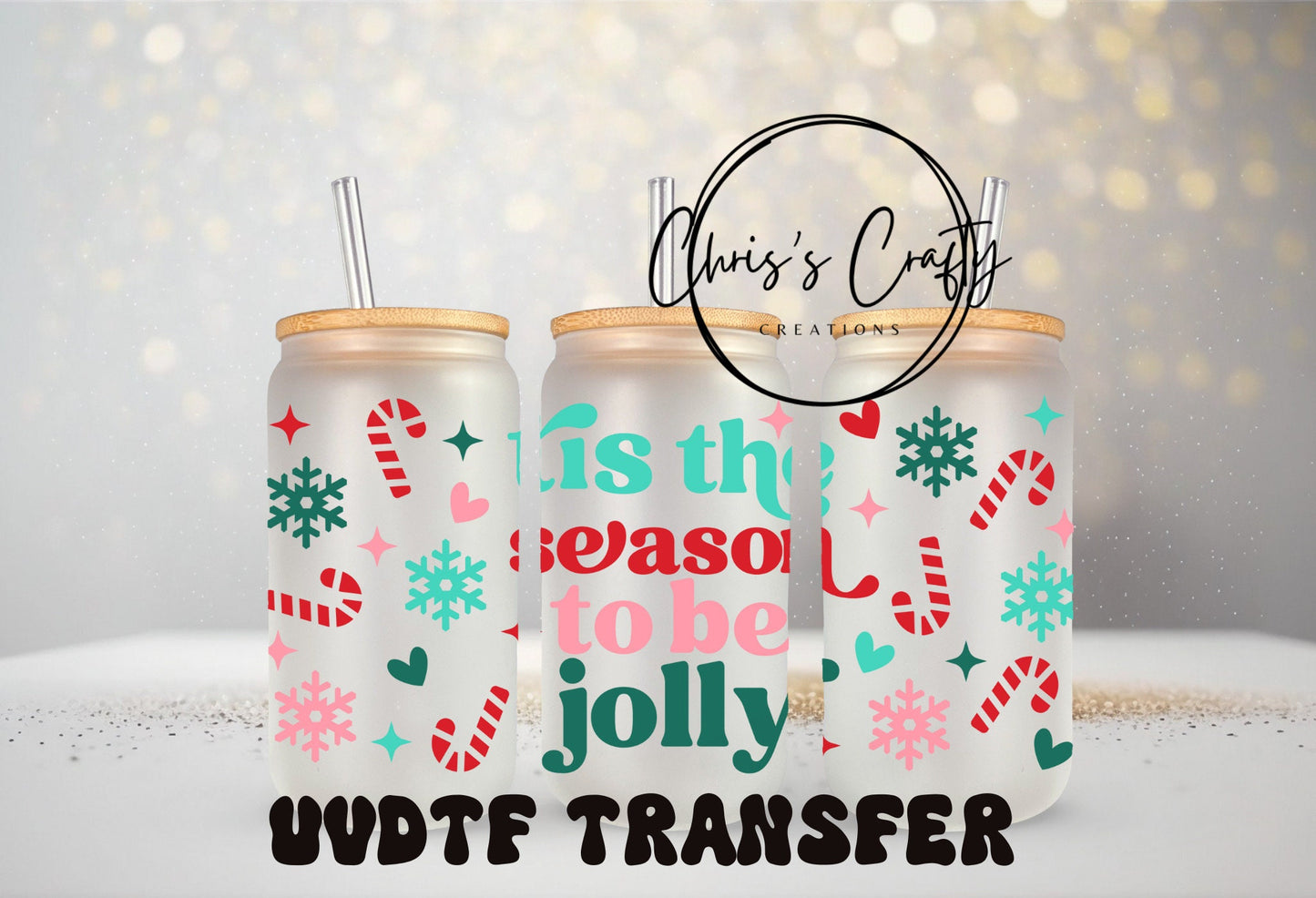 UVDTF WRAPS ONLY for 16 oz can glass Christmas Wrap Bundle Set of 4 | Ready to apply | Waterproof | Permanent Adhesive