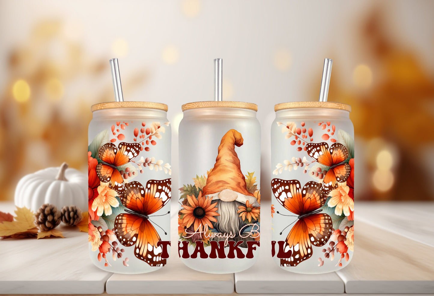 UVDTF Wrap Gnomes Always Be Thankful Floral Butterfly 16oz Can Glass, Mug,  40oz  Tumbler, Fall Wrap, Ready to apply, Permanent Adhesive