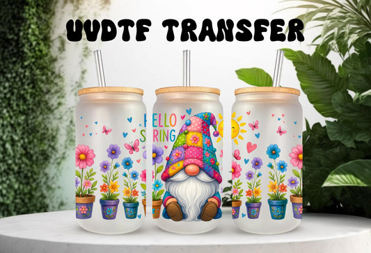 UVDTF Wrap Gnome Hello Spring 16oz Can Glass Mug Tumbler Wrap, Gnome Wrap, Ready to apply, Permanent Waterproof Adhesive