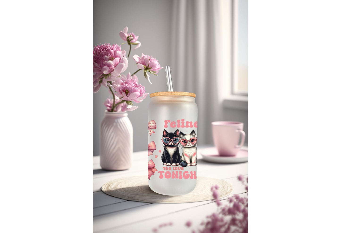 UVDTF Wrap Valentine’s Cat Feline the Love Tonight 16oz Can Glass Mug Tumbler, Valentine wrap, Ready to Apply, Permanent Waterproof Adhesive