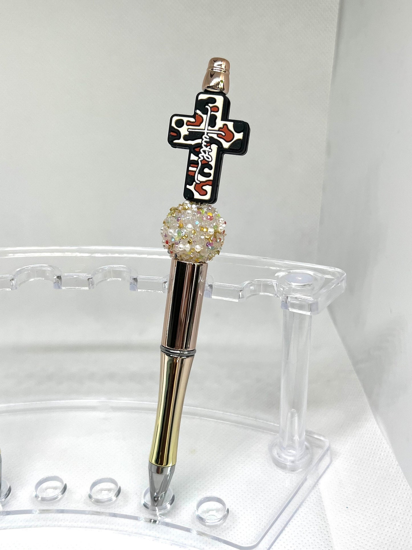 Beaded Pen Cross Faith Leopard Print, Fun Pens Acrylic Beads, Custom Pen, Retractable Ink Pen, Gifts for her, Teacher, Nurses, Medical