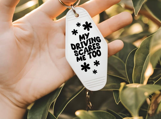 UVDTF Decal Motel Keychain My Driving Scares Me Too, Funny Decal, Ready to Apply, Permanent  Adhesive, Single/Set of 5 Keychain Decals