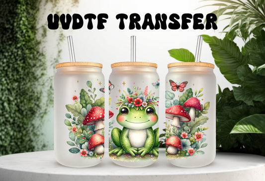 UVDTF Wrap Cute Frog Red Mushrooms 16oz Can Glass Mug  Tumbler, Frog Wrap, Ready to apply, Permanent Waterproof Adhesive