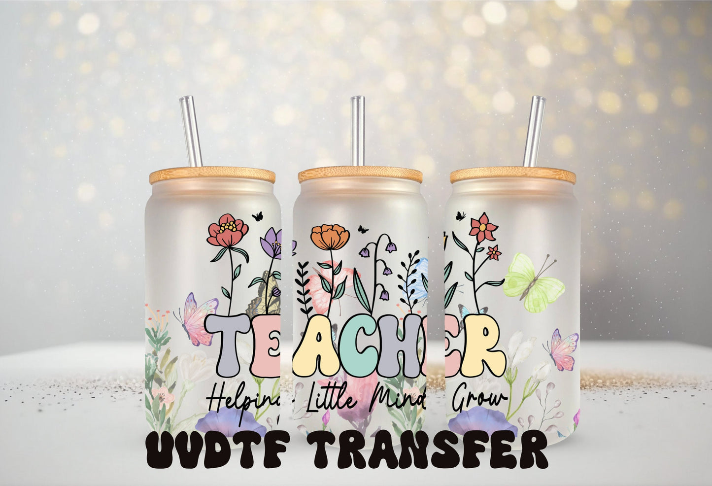 UVDTF Wrap Teacher Helping Little Minds Grow for 16 oz Can Glass, Mug, or Tumbler, Teacher Life, Ready to Apply, Permanent Waterproof Adhesive
