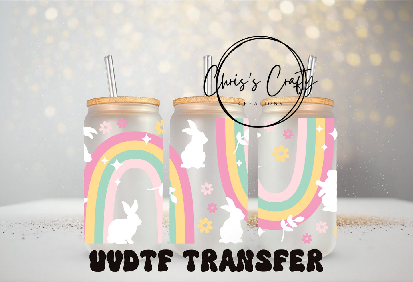 UVDTF Wrap Bunny Rainbow for 20oz Can Glass Mug Tumbler, Easter Wrap Ready to Apply, Permanent Waterproof Adhesive, Double Sided Print Option