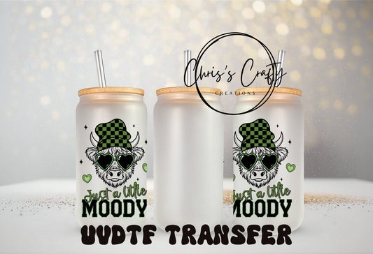 UVDTF Wrap Highland Cow 16oz Can Glass Mug Tumbler, Green Checkered Just a Little Moody, Ready to Apply, Permanent Waterproof Adhesive