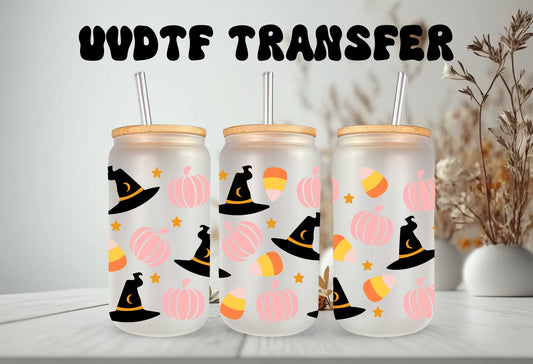 UVDTF Wrap Witches Hat Pumpkin Candy Corn Halloween 16oz Can Glass, Mug, Tumbler, Ready to apply, Permanent Waterproof Adhesive