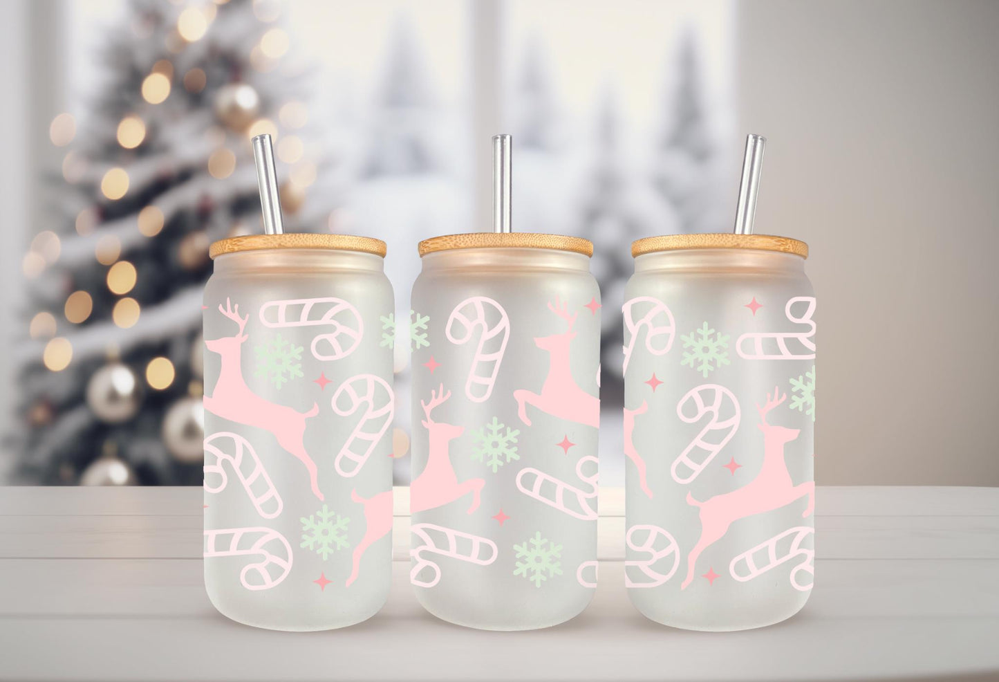 UVDTF Wrap Pastel Reindeer Candy 16oz Can Glass Mug Tumbler, Ready to Apply, Permanent Waterproof Adhesive