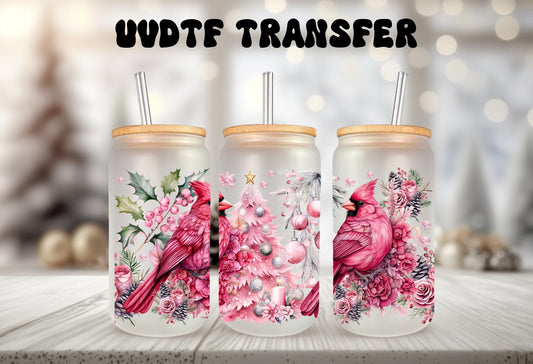 UVDTF WRAP Cardinal Pink Christmas Tree 16 oz Can Glass Mug Tumbler, Christmas Wrap, Ready to apply, Waterproof Permanent Adhesive
