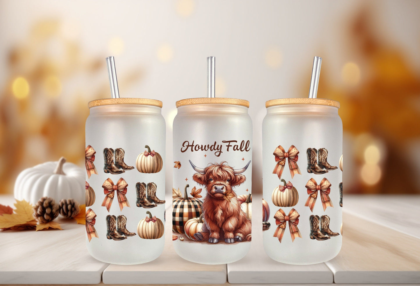 UVDTF Wrap Howdy Fall Highland Cow Coquette Bows for 16oz Can Glass Mug Tumbler, Ready to Apply, Permanent Waterproof Adhesive