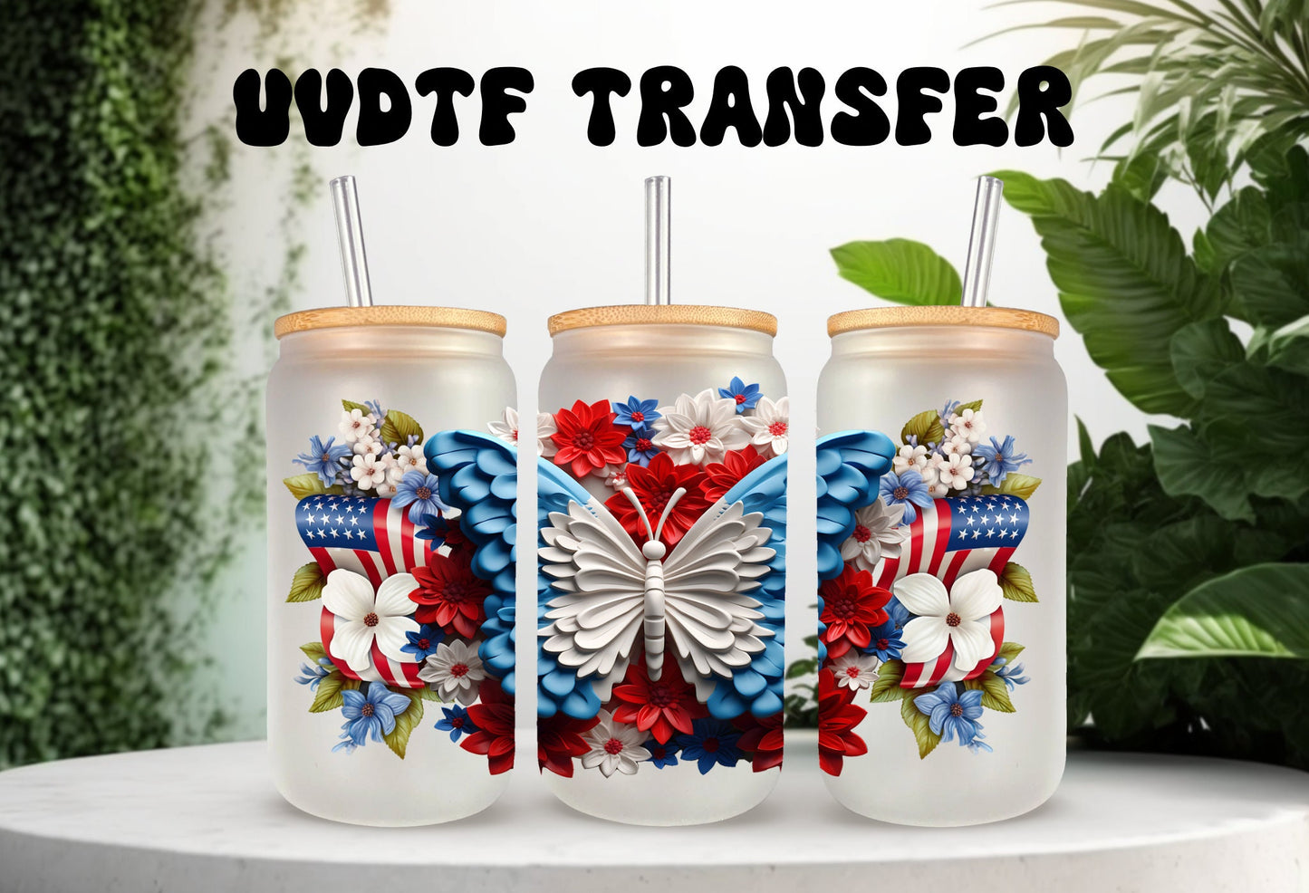 UVDTF Wrap Patriotic Butterfly Flag 3D 16oz Can Glass Mug Tumbler, Ready to apply, Permanent Adhesive Waterproof, Apply to cup