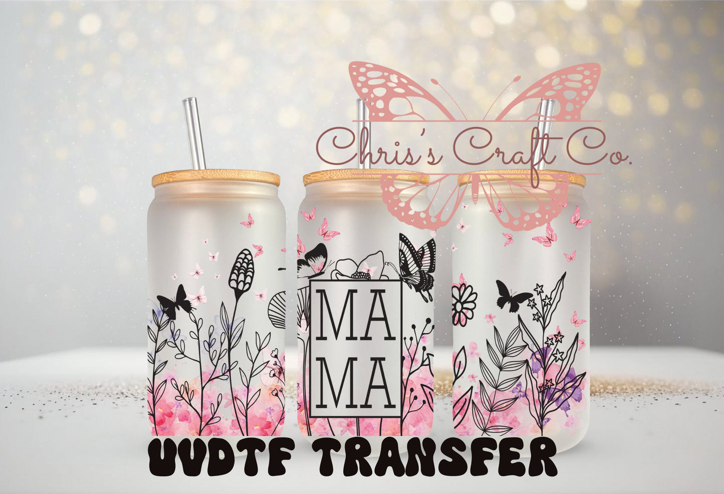 UVDTF Wrap Floral Mama 16oz Can Glass Mug Tumbler, Mom Wrap, Ready to apply, Permanent Waterproof Adhesive