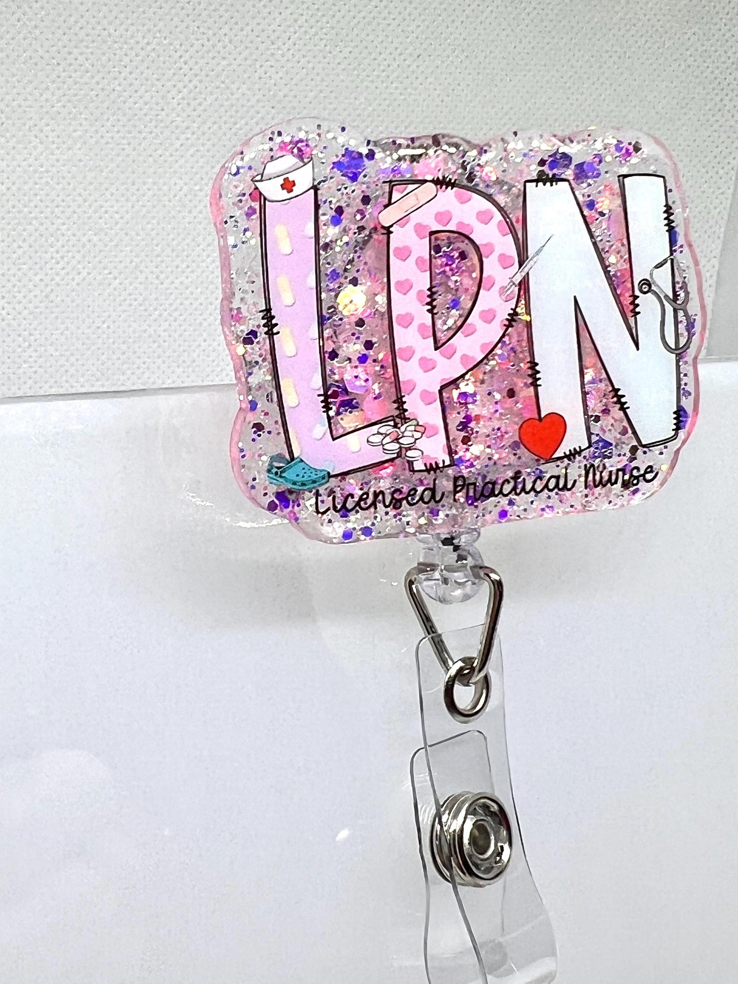 Glittery LPN Badge Reel – Pastel Badge, and Heart Design for Licensed Practical Nurses, Retractable ID Holder