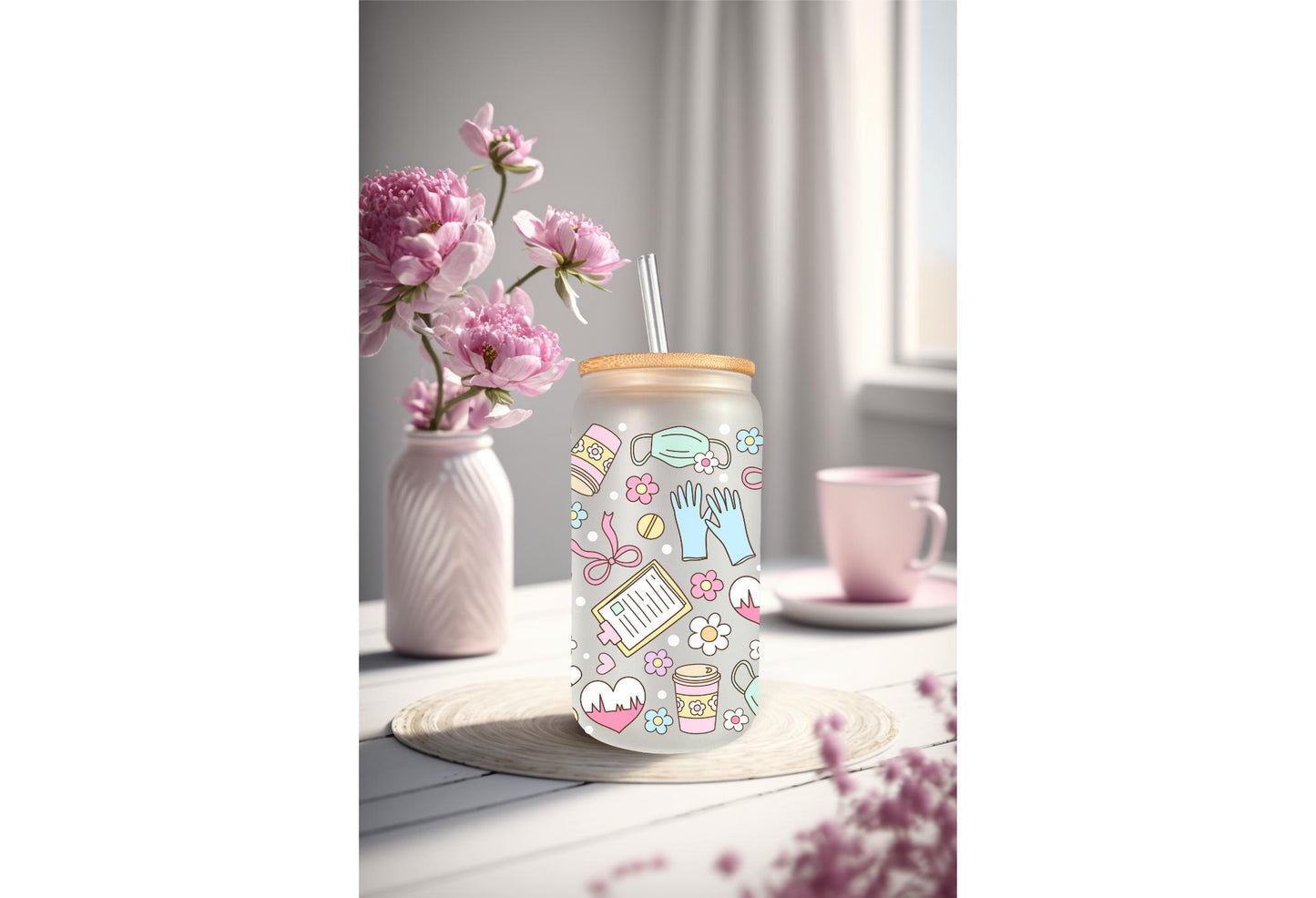 UVDTF Wrap Pastel Medical Bow 16oz Can Glass Mug Tumbler, Healthcare Wrap, Ready to Apply, Permanent Waterproof Adhesive