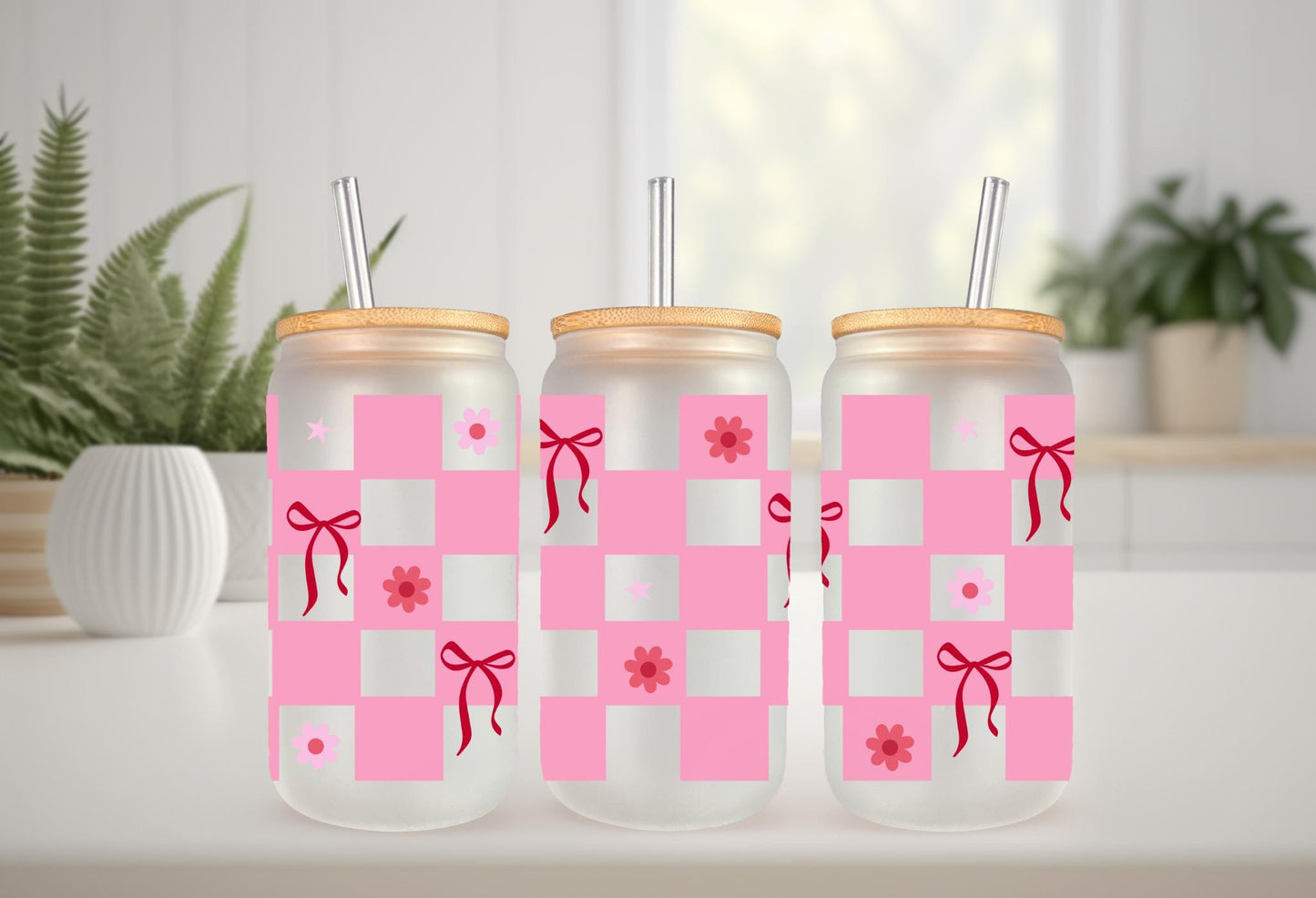 UVDTF Wrap Coquette Bows Checkered Dark Pink 16oz Can Glass Wrap Mug Tumbler, Ready to Apply, Permanent Waterproof Adhesive
