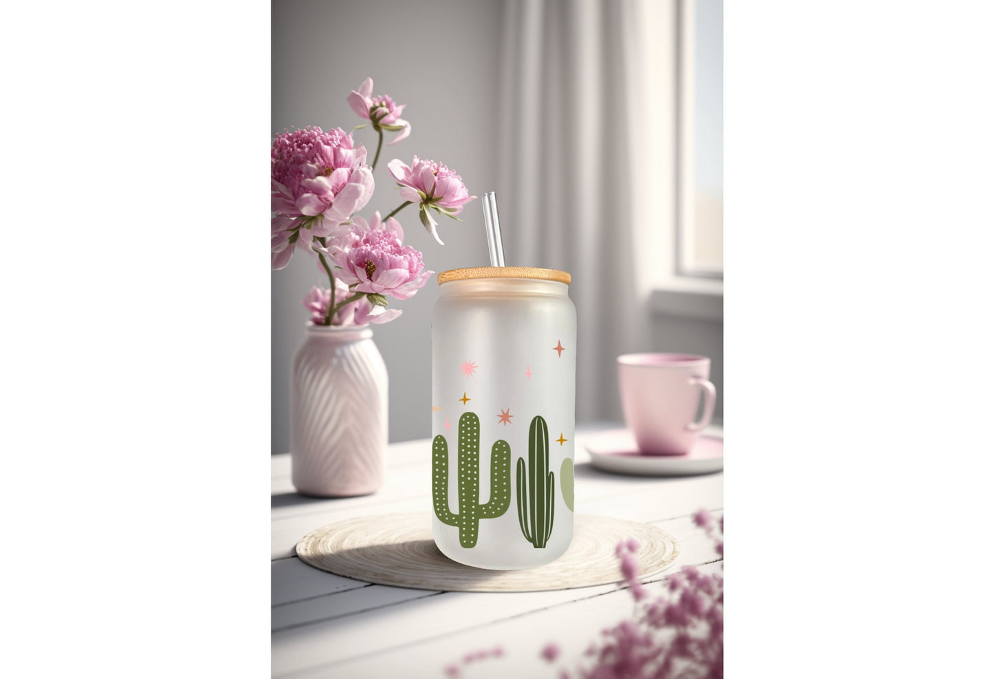UVDTF Wrap Boho Dusk Cacti Cactus 16oz Can Glass, Mug, Tmbler, Cactus Wrap, Ready to apply, Permanent Adhesive Waterproof, Add on a Cup
